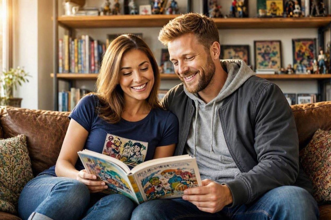 Illustrative photograph of two adults enjoying comic books together